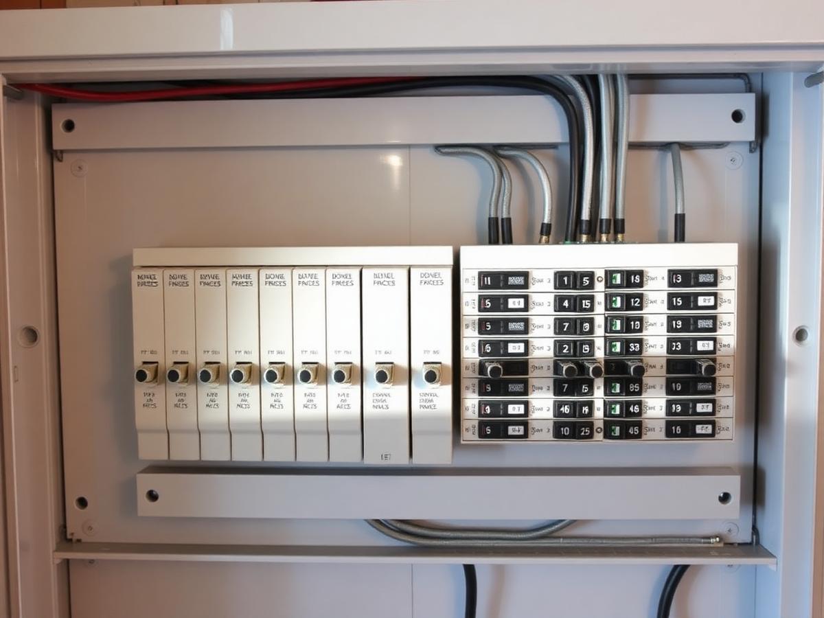 Finished electrical panel with labeled breakers after a panel replacement
