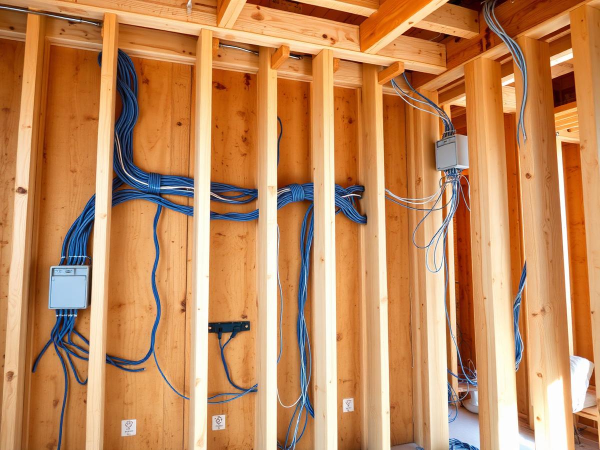 Rough electrical wiring runs through open wood stud framing